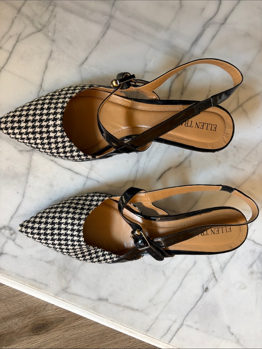 Ellen Tracy Black and White Houndstooth Pointed Slingbacks